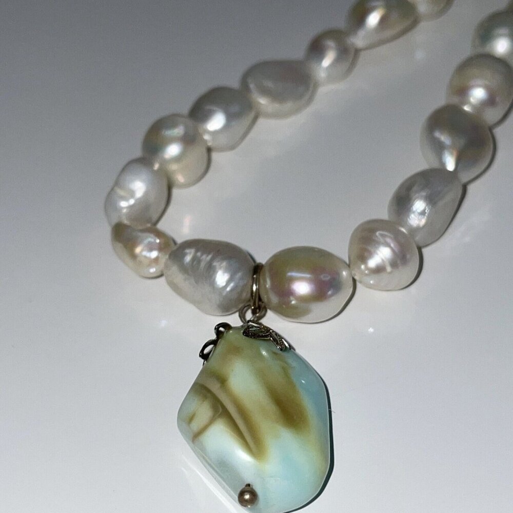 Aqua Peruvian Opal? Tube Beads & Freshwater Pearl Pendant Gemstone Necklace A140 - Picture 13 of 16